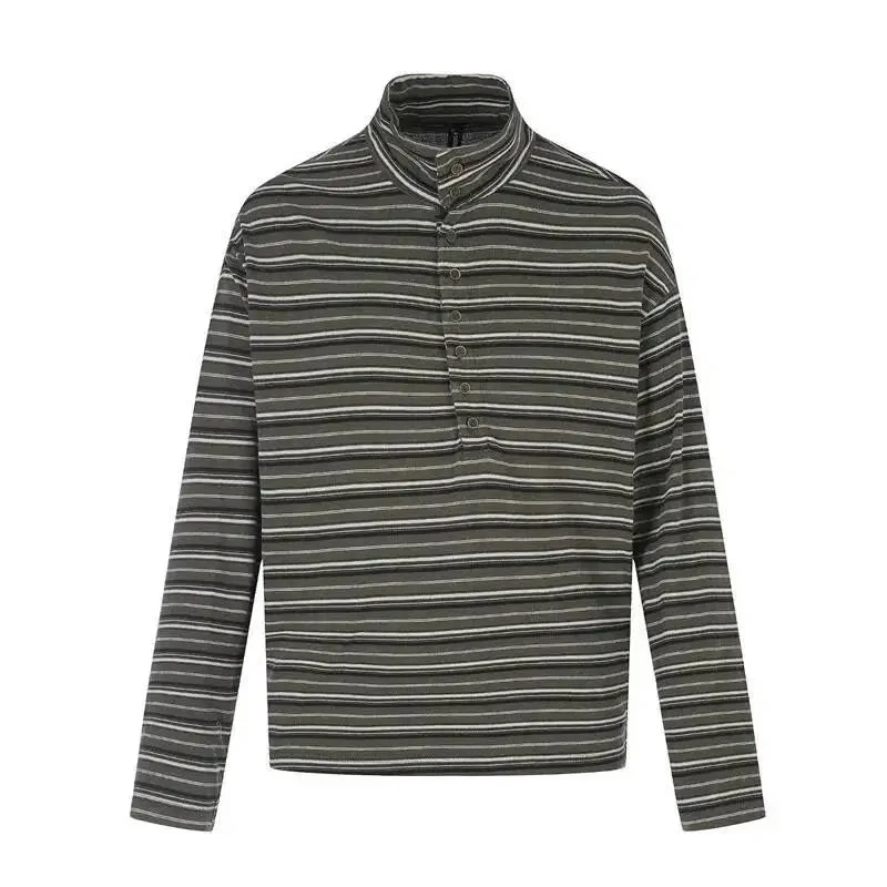 Striped Hig Hneck Men's Long Sleeve T Shirt Loose Casual Niche Design Versatile Pullover Top Fashion New DNWT