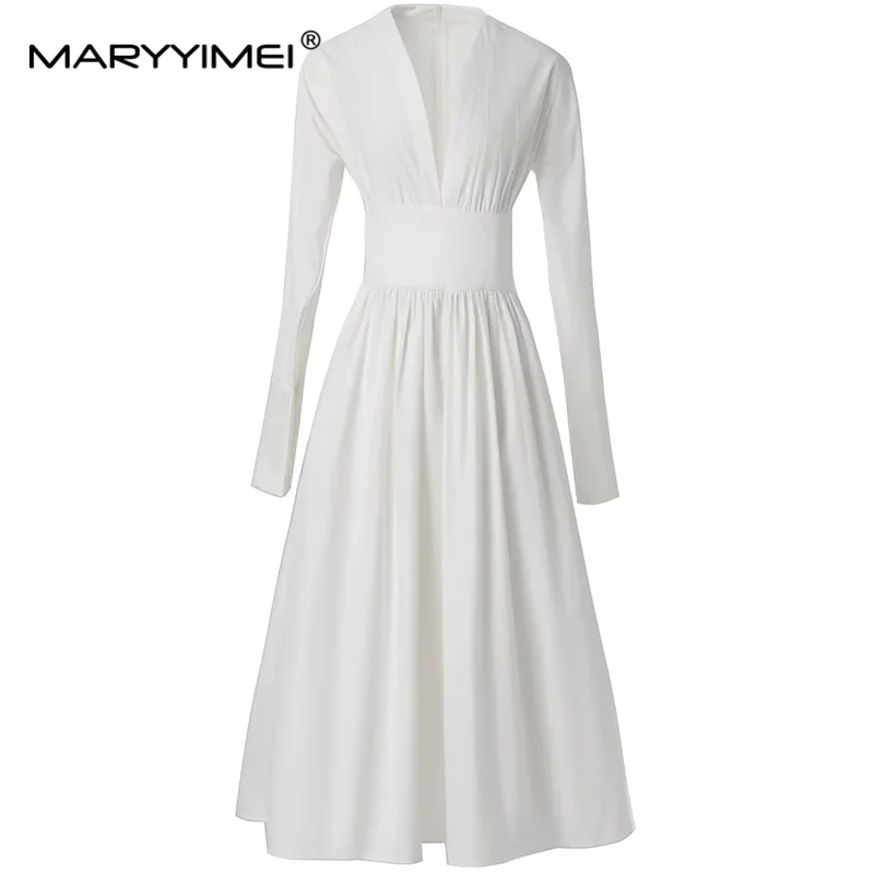 MARYYIMEI Autumn Winter Women\'s Commuter Dress Fashion V-Neck Long-Sleeved High waist Basic Black/White Dresses