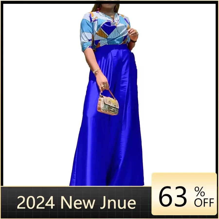 

2024 Red Blue 2 Piece African Clothes for Women Summer Africa Half Sleeve Polyester Print Top Pant Matching Sets Africa Clothing