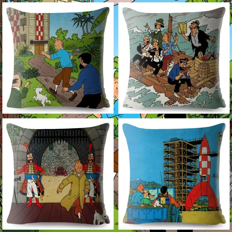 The Adventures of Tintin Print Throw Pillow Cover 45*45cm Textile Cushion Cover Linen Pillow Case Sofa Home Decor Pillows Cases