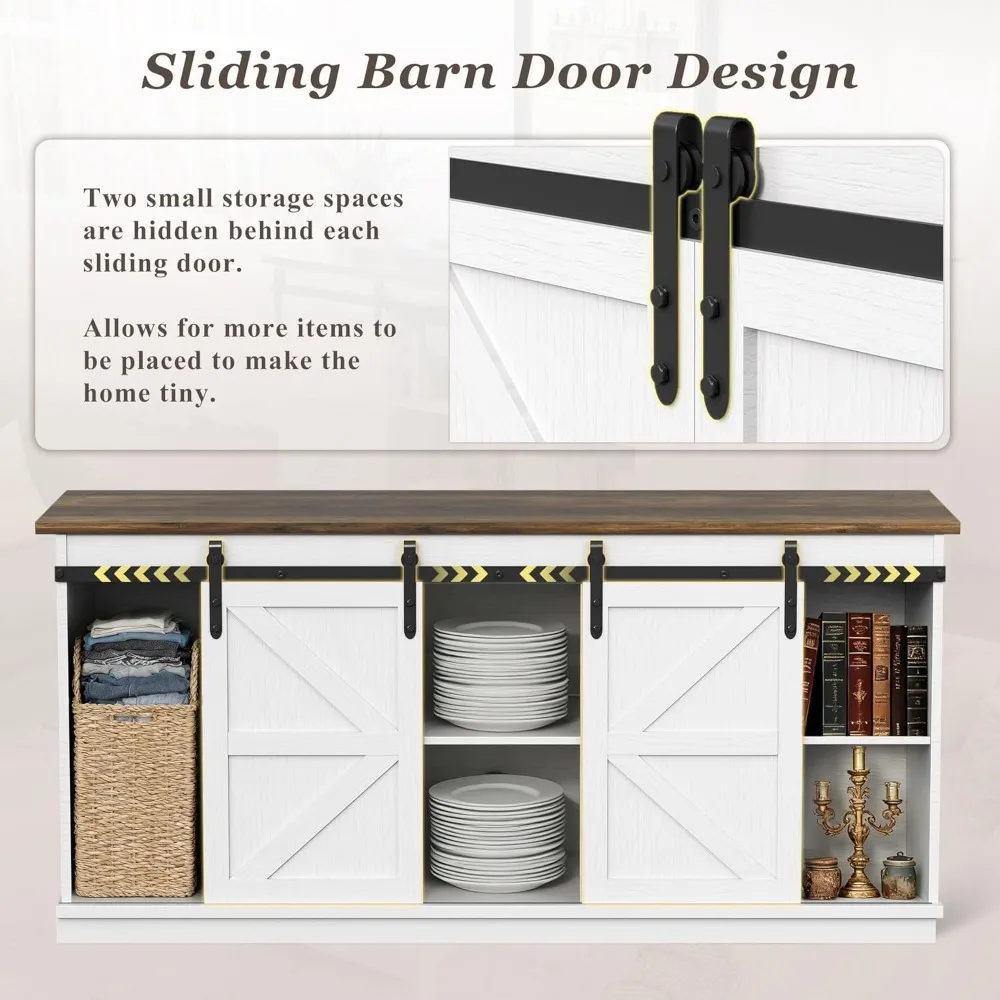 حامل تلفزيون المزرعة لأجهزة التلفاز مقاس 65 بوصة، وأبواب الحظيرة المنزلقة، وخزائن التخزين، وطاولة وحدة التحكم لغرفة المعيشة، مقاس 58 بوصة، أبيض حليبي