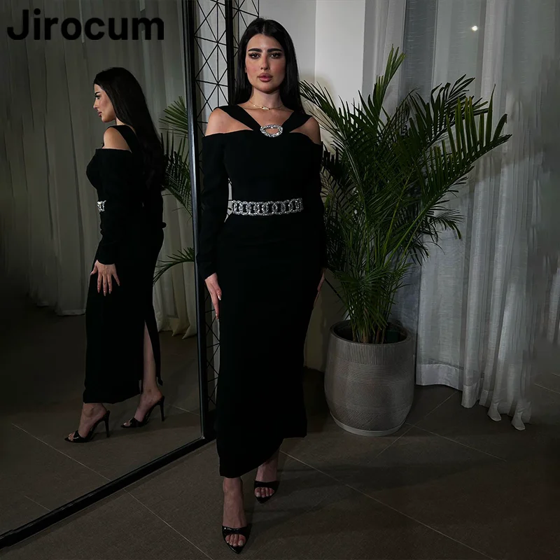 

Jirocum Elegant Black Prom Dress Women's V Neck Sparkling Beads Party Evening Gown Ankle Length Back Slit Formal Occasion Gowns