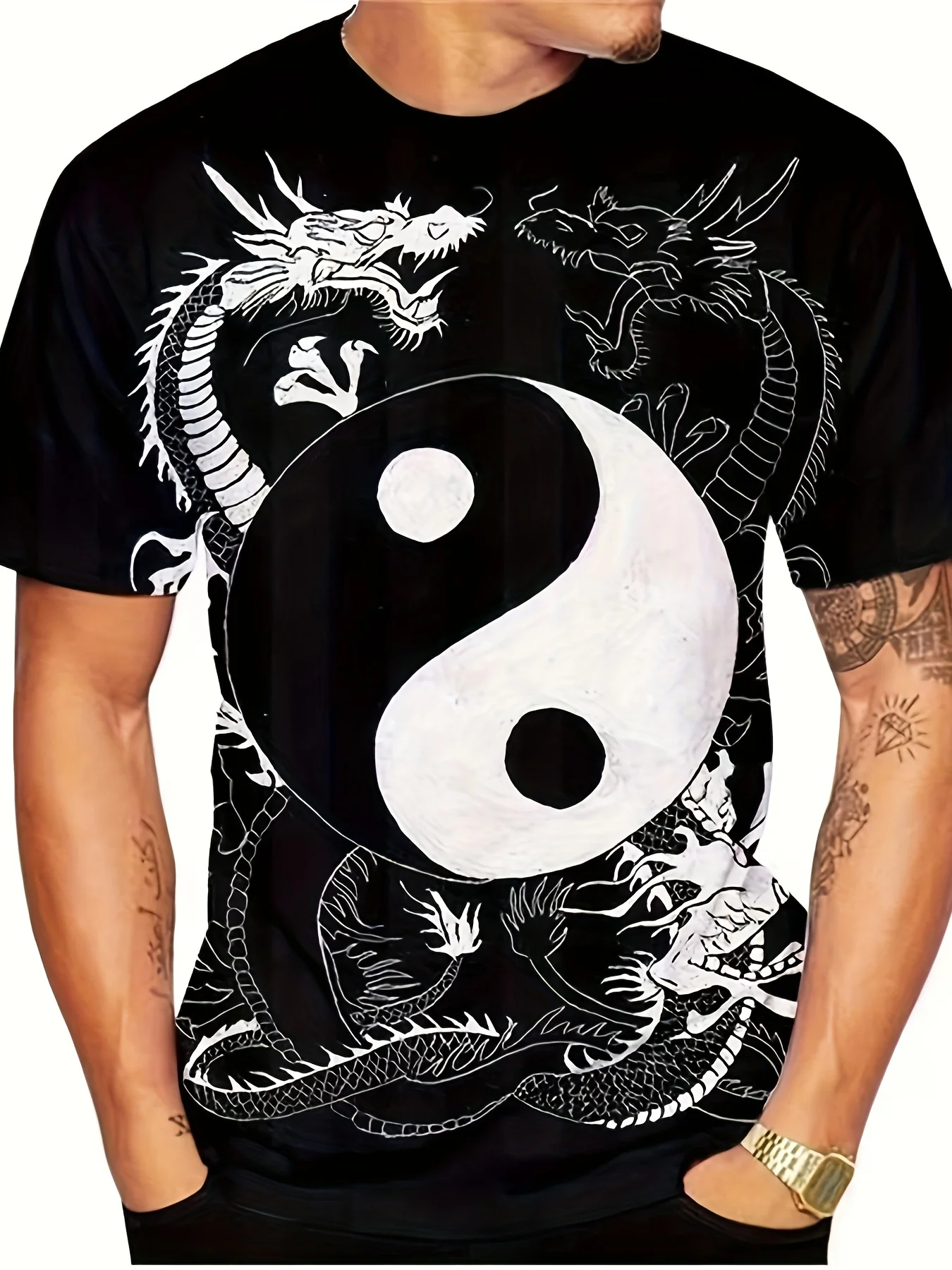 Men’s T-Shirt Taiji Dragons Graphic 3D Print Short Sleeve Crew Neck Casual Pullover Outdoor Streetwear Sport Oversized Clothing