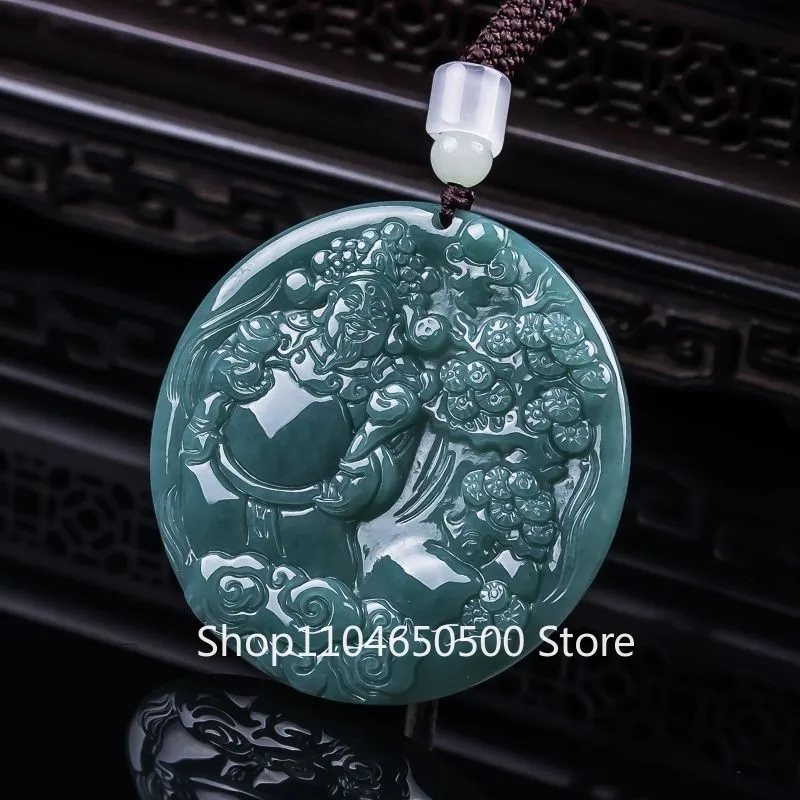 

Jadeite Blue Water Wealth God Pendant Carved Jade Lucky Amulet Jewelry