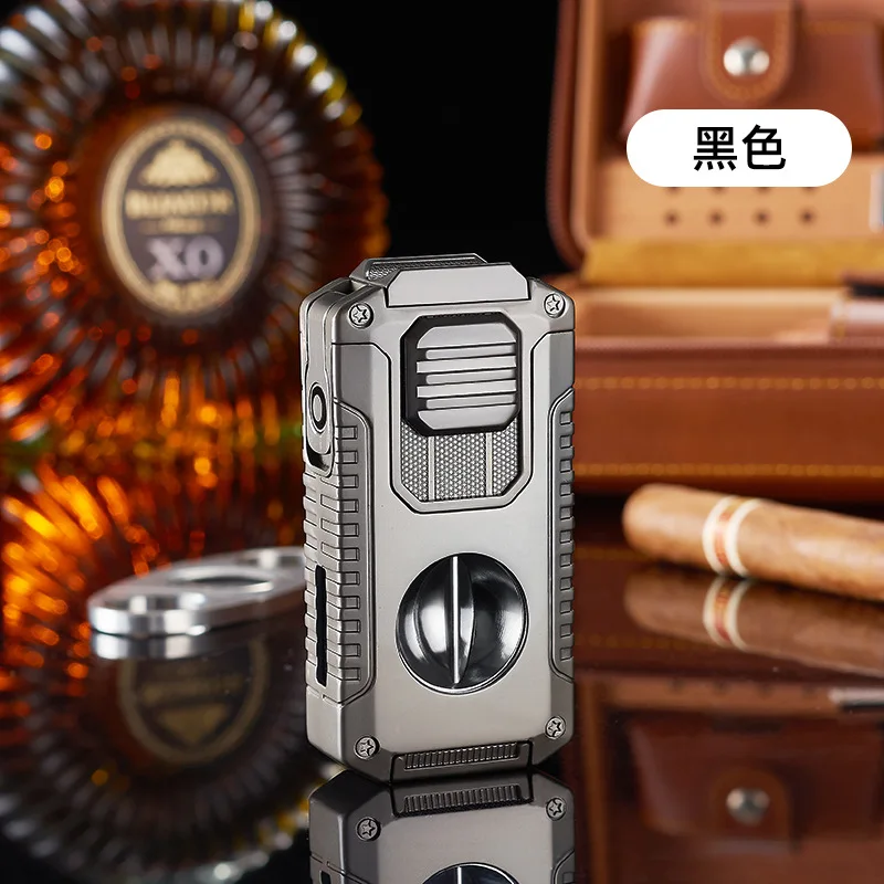 Multifunctional Three-jet Flame Direct Injection Cigar Lighter with Built-in V-shaped Cigar Cutter Portable Five-in-one