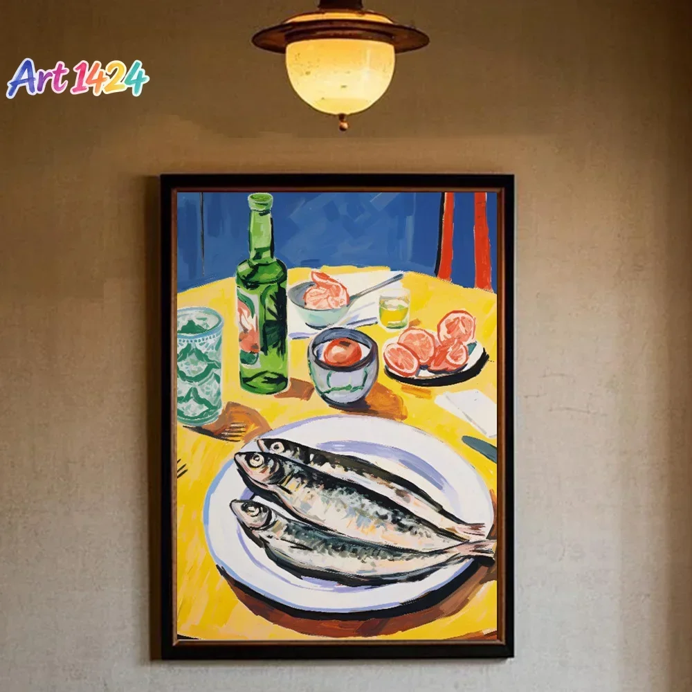 (1pc frameless)Colorful Sardines and Lobsters Canvas Print Cute Fish Ocean Wall Art Posters Modern Living Room Bedroom Bar Ho