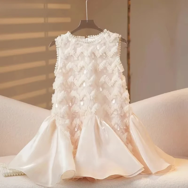 2026 Girls New High-end Dress White Short Sleeves Princess Costumes Matching Clothes Beige Summer Party Wedding Formal Clothes