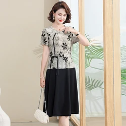 Women's Fake Two-piece Dress Woven Button Flower Print Short Sleeves Summer Classical Plus Size Clothing Elegant Loose Fitting