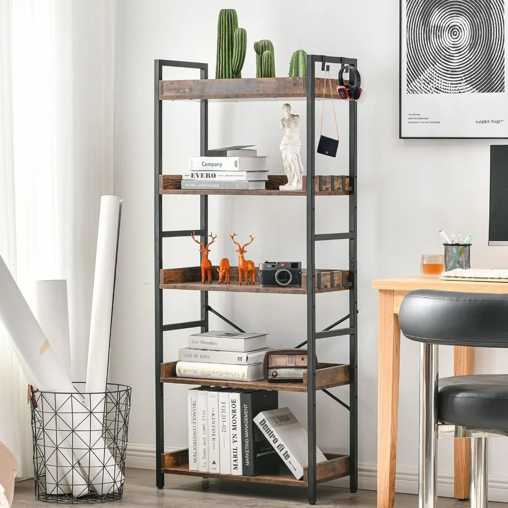 Adjustable 5-Tier Open Bookcase, Rustic Farmhouse Industrial Wood & Black Metal Shelves for Home Office Living Room Bedroom
