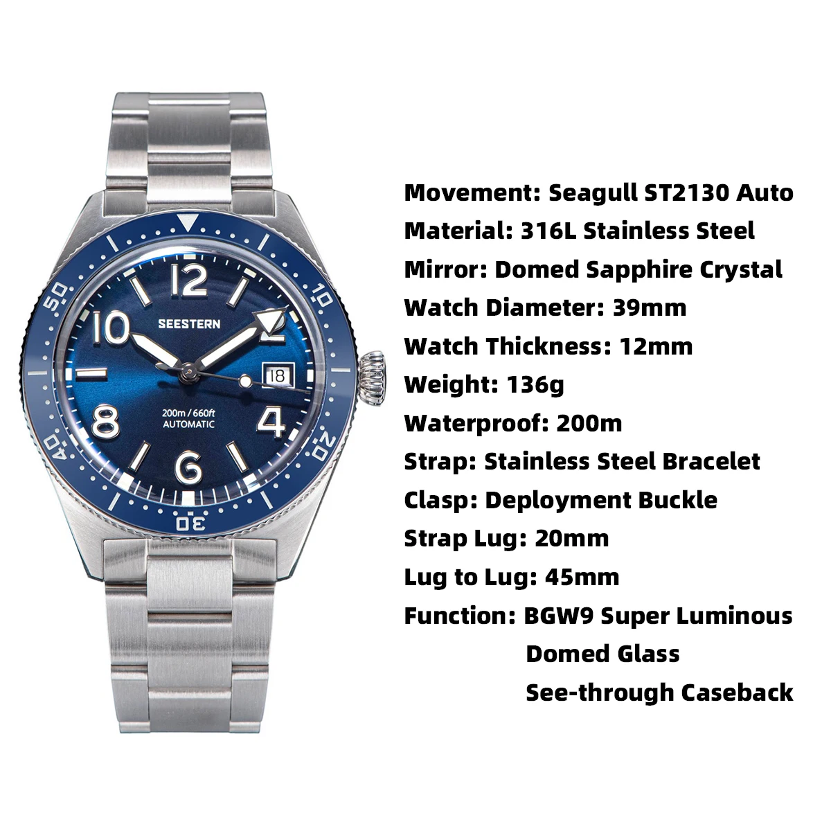 SEESTERN-reloj de buceo para hombre, pulsera mecánica automática, movimiento Seagul ST2130, 20bar, resistente al agua, cristal cúpula luminoso