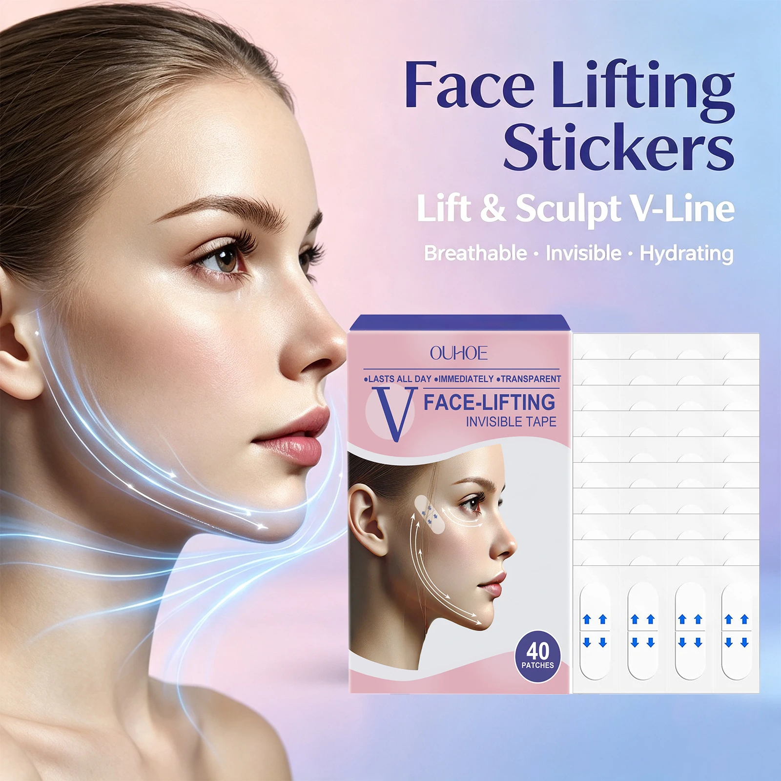 V Face Lifting Tape Invisible Face Lift Patches Reduce Double Chin Nasolabial Folds Makeup Friendly Face Shaping Tape 40 Patches