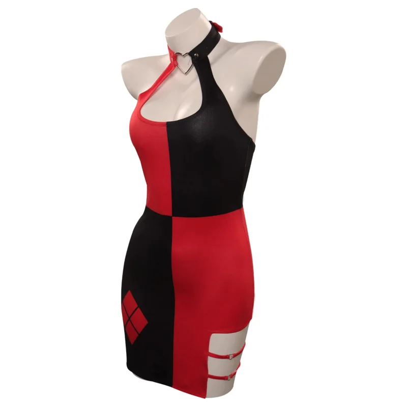 Quinzel-Mini vestido sexy bodycon para mulheres, traje de filme, super vilões, cosplay, sem encosto, roupa de Halloween