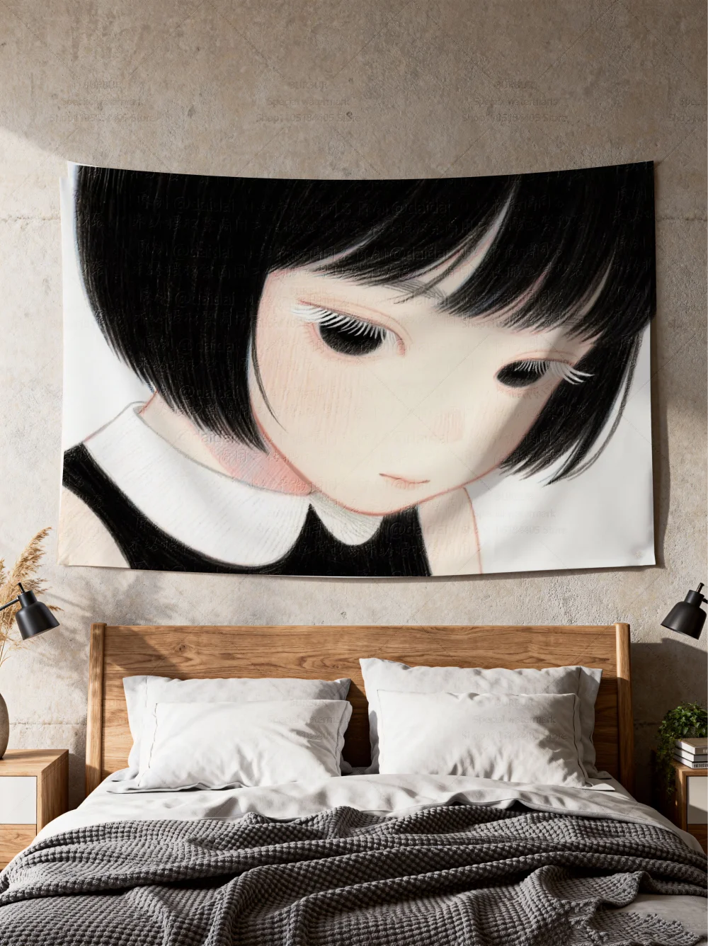 Wandteppich für Mädchen mit hängendem Augen im japanischen Stil zum Aufhängen an der Wand. Innendekorations-Wandteppich, süß.