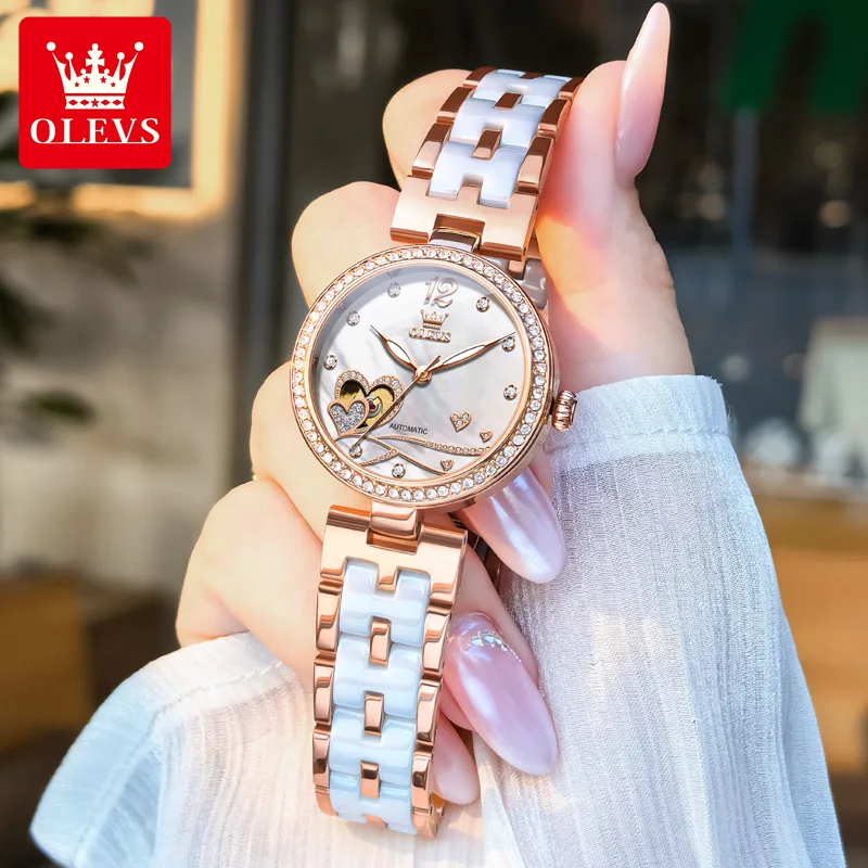 OLEVS 7086 Women Watch Diamond Heart Hollow Women Automatic Mechanical Watch Luxury Rose Ceramic Waterproof Women Dress Watch
