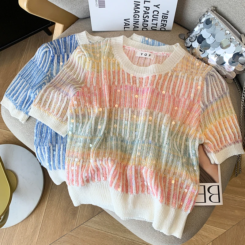 Summer Women\'s Sweater Sequins Striped Slim Knit Pullovers T-shirts Crop Tops Stylish Chic Fashion Short Sleeve O-neck Jumpers