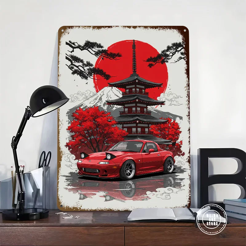 Red Sports Car Miata With Japanese Backdrop Poster Customized Wall Art Vintage Metal Signs Retro Tin Plaque for Man Cave House