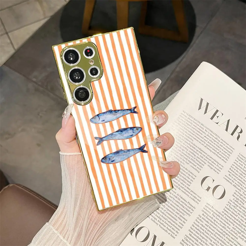 Ocean Life Striped Phone Case For Samsung Galaxy S25 S24 S23 Ultra Metal Frame Case Slim Shockproof Cover Durable