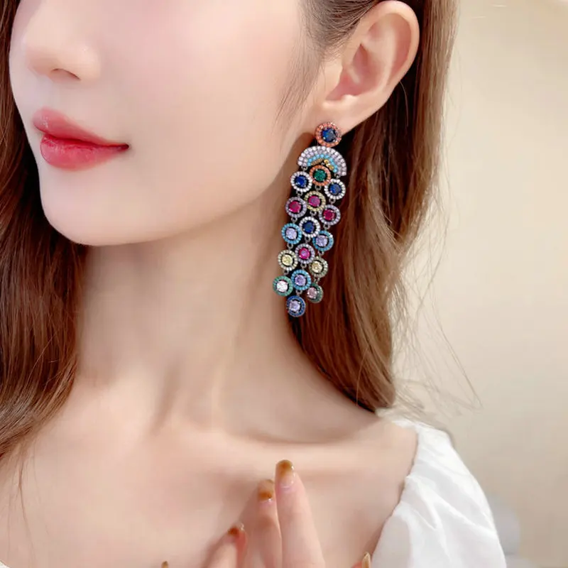 SINZRY Hotsale Gorgeous Jewelry Cubic Zircon Color Banquet Long Tassel Exaggerated  Dangle Earrings For Women