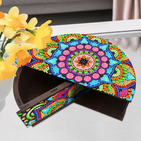 Mandala Diamond Painting Wooden Storage Box Creative Semi-circular Bead Organizer Case Jewelry Craft Diamond Art Organizer Kit