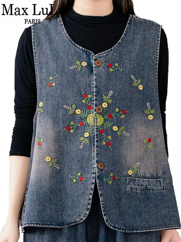 Max LuLu Design Womens British Fashion Waistcoats Classic Embroidery Vintage O Neck Denim Vest Leisure Loose Sleeveless Clothes