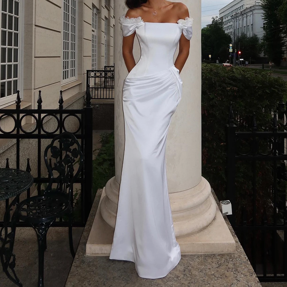 

Flowers Straight Boat Neck Exquisite White Satin Evening Dresses Floor Length Off the Shoulder Sleeveless Pleat Girl Custom Made