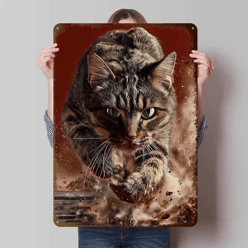 Fokussiertes Tabby-Katzen-Poster mit Sprungbewegung, personalisierte Wandkunst, Retro-Vintage-Metallschilder für Fans, Zimmer, Haus, Heimdekoration
