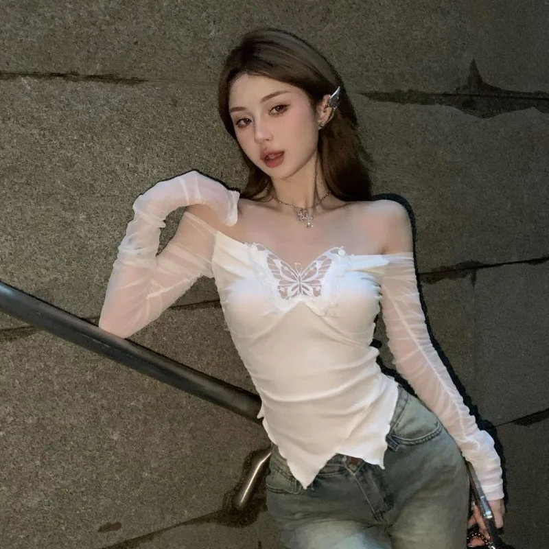 Korean Style Off Shoulder Shirts and Blouses Women Aesthetic Butterfly Cropped Mesh Tops Sexy Coquette Y2k Kpop Long Sleeve Tees