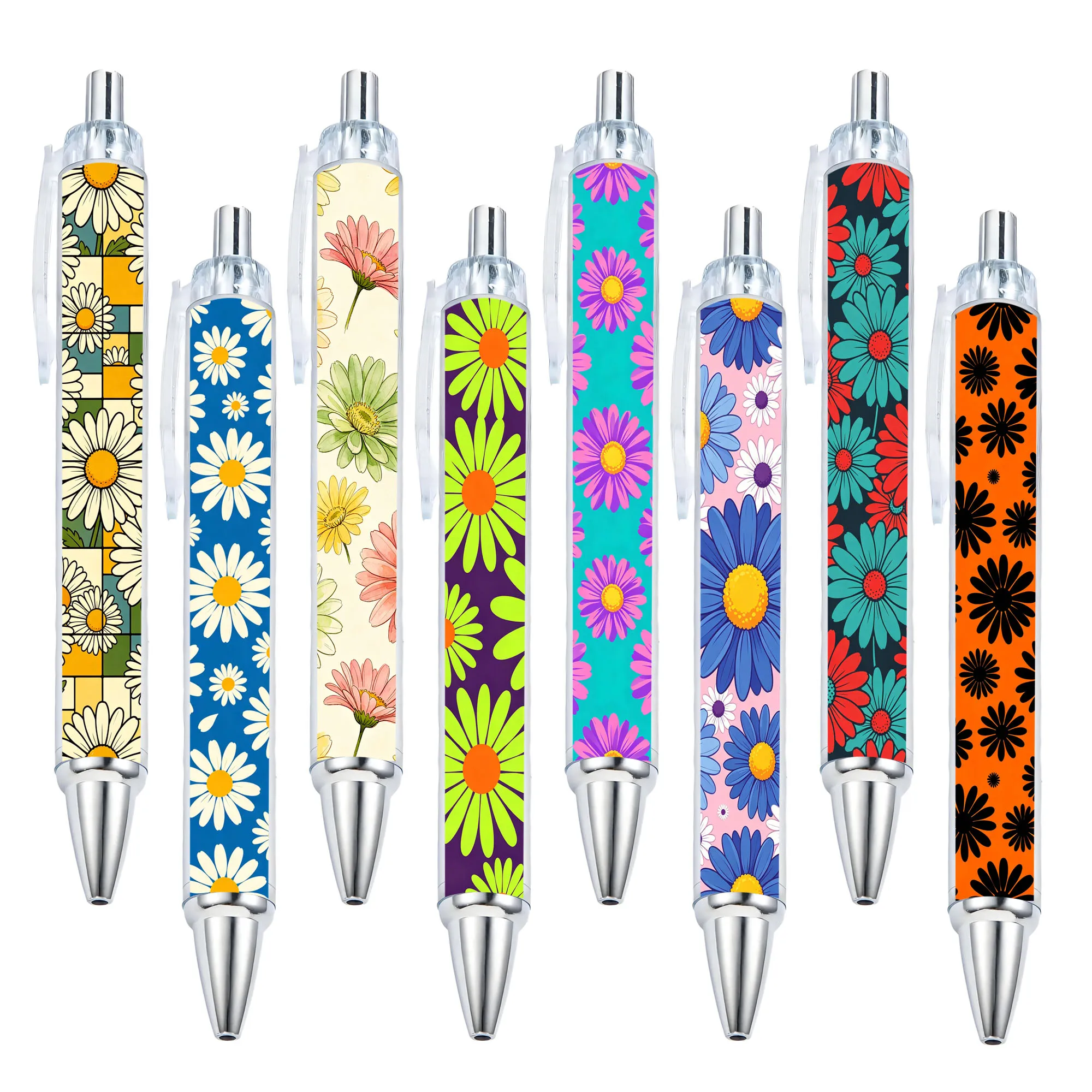 

8pcs daisy themed press ballpoint pen pattern random black ink writing fluent student daily writing ballpoint pen