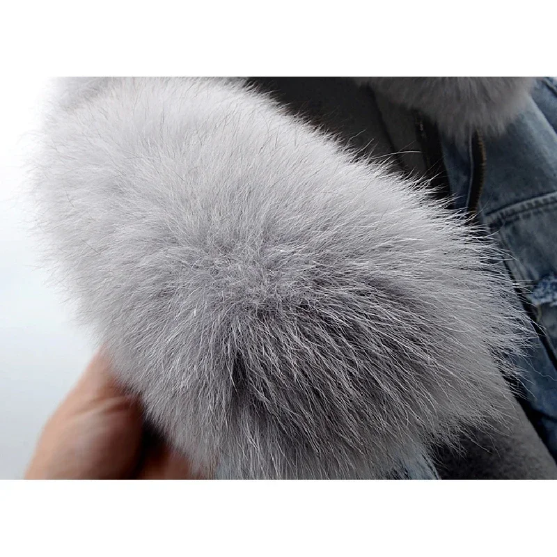 

Winter Thick Real Fox Fur Collar Removable Rabbit Fur Liner Women Denim Jacket Coat Outwear Loose Big Pocket Jeans Jacket Female