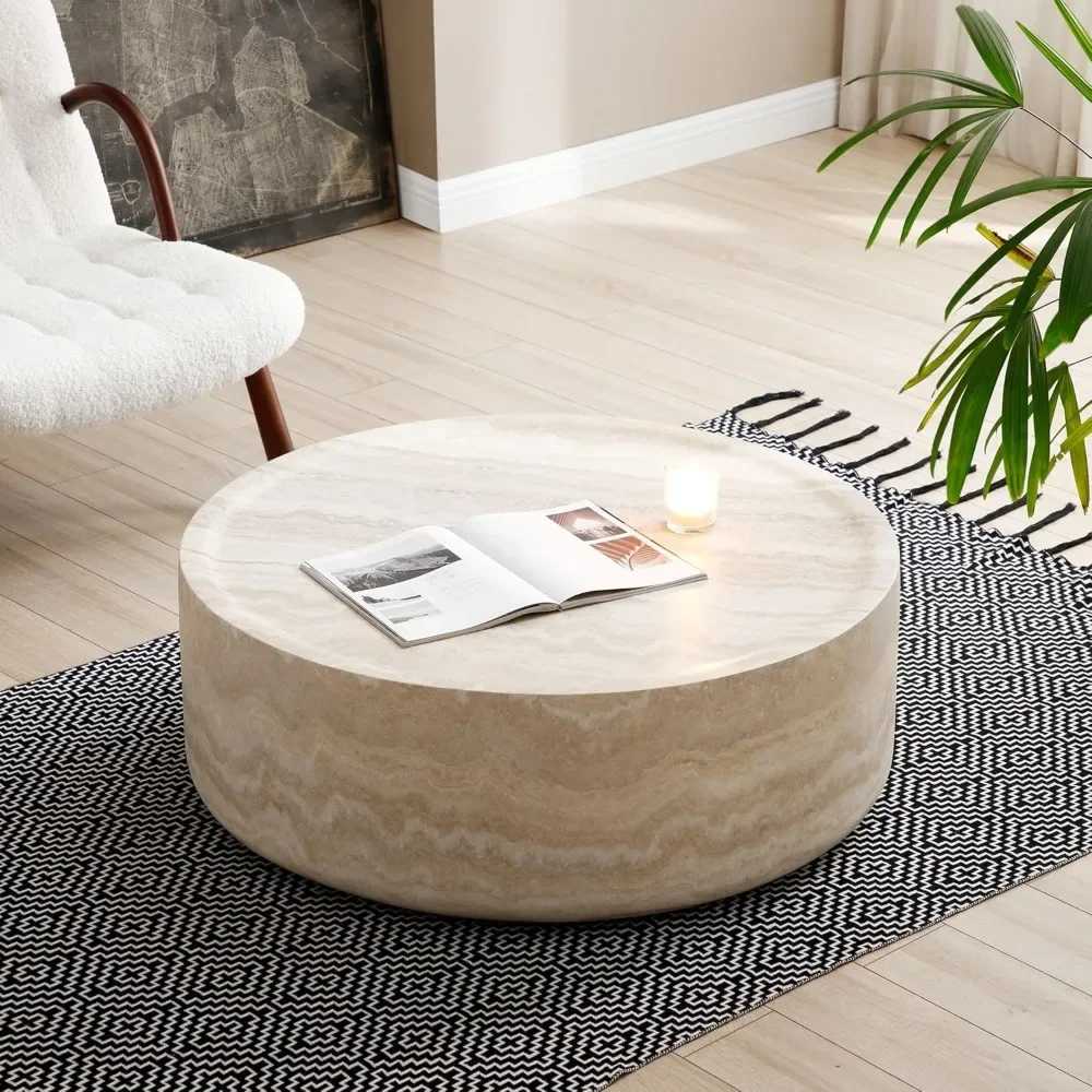 39.37” Round Coffee Table, Modern Tea Faux Travertine Textured Table, Fiberglass Side Table Living Room, No Need Assembly