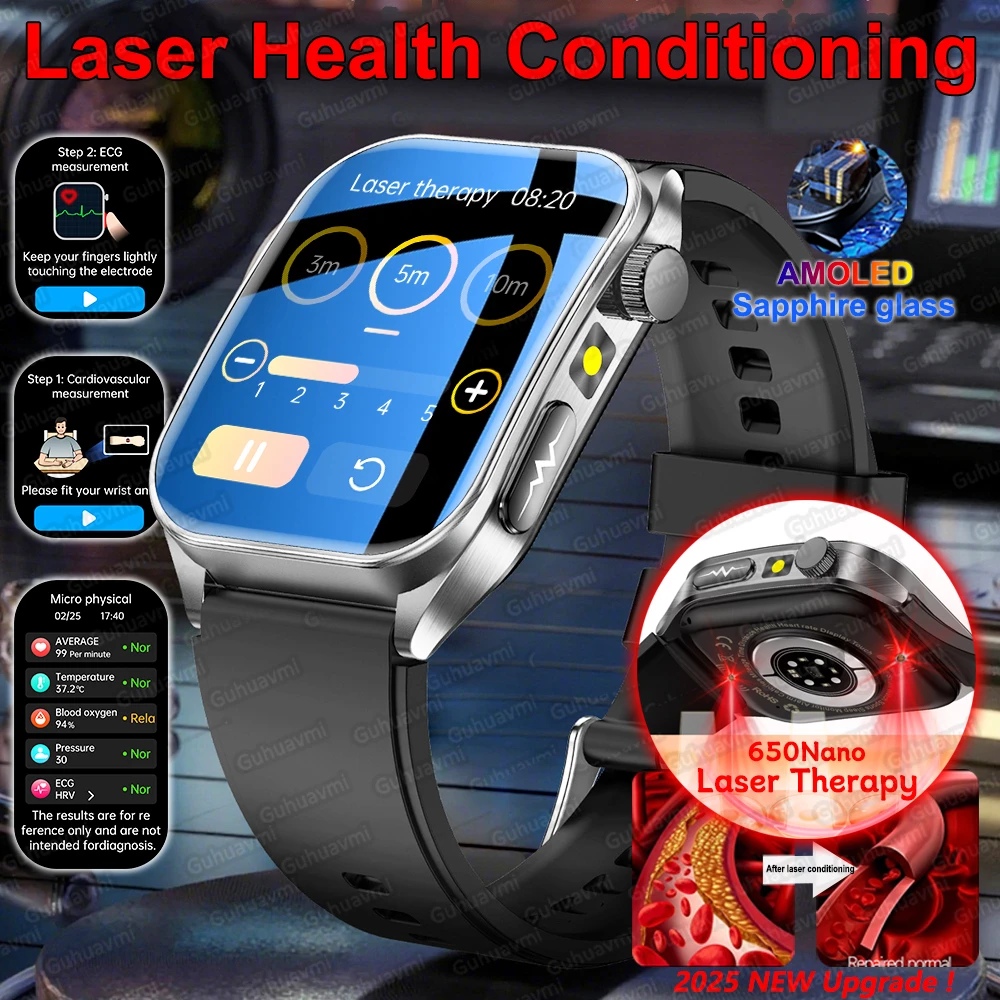 

Новое лазерное лечение, три высоких смарт-часы для мужчин, ЭКГ, пульс, мочевая кислота, трекер здоровья, 1,95 дюйма, умный браслет с сапфировым стеклом