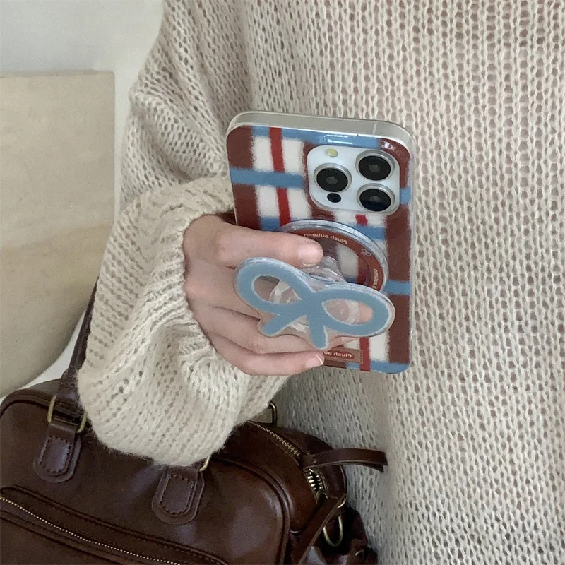 Fashion Plaid Pattern Magnetic Phone Case For iPhone 16 Pro 14 12 13 Pro 15 Max Cover with Cute Bow Holder for Magsafe Cases 14