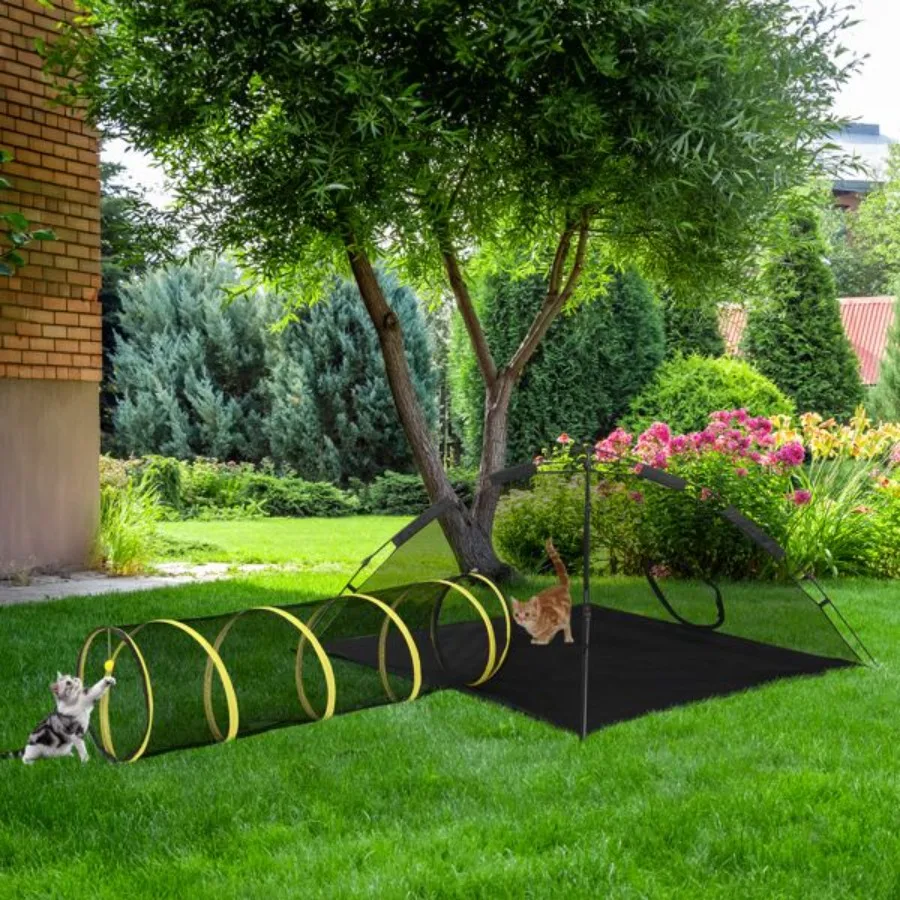 Outdoor kattenspeeltent met tunnel Draagbaar kattenspeelhuisje voor binnen en buiten Kattenbox Ingesloten voor katten Konijnen en kleine Ani