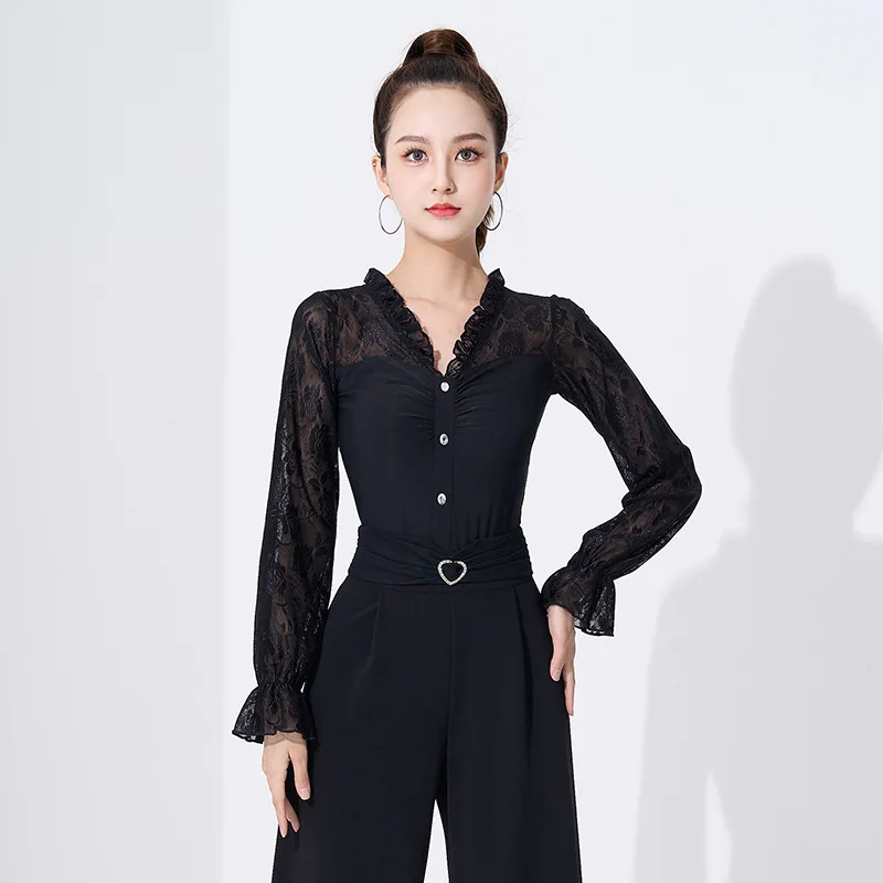 Latin dance top, women's lace sleeves, new modern dance clothes for practicing martial arts, adult national standard hot diamond