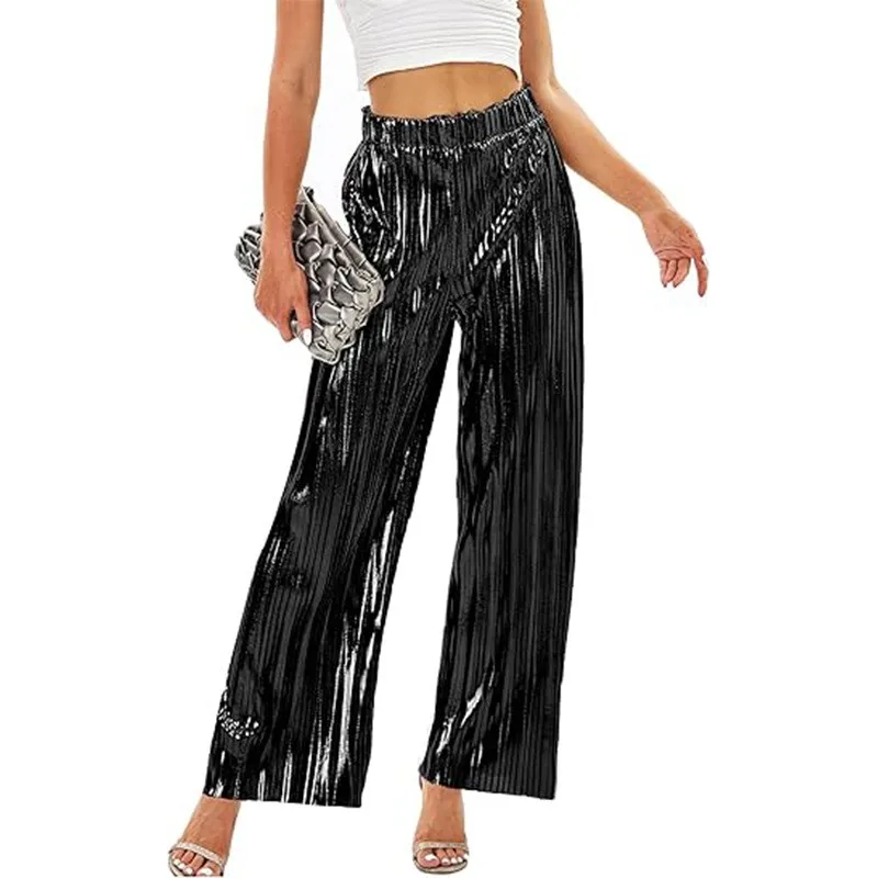 Summer Women Pants High Waist Crinkle Black Trousers Pleated Metallic Long Length Wide Leg Pants Shiny Fabric Full Length Pants