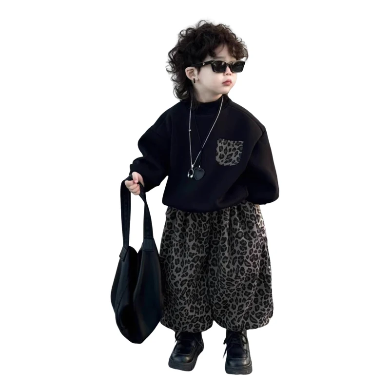 2026 Neue Herbst-Babykleidung für Jungen und Mädchen, Leopardenmuster, Kinder-Mode-Sweatshirt+Hose, 2-teiliges Set, schicke Freizeit-Outfits für Kinder – Detail 5