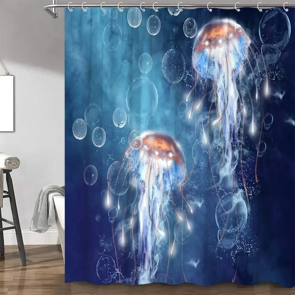 Jellyfish Shower Curtain Blue Magic Underwater Sea Life Shower Curtains Funny Aquatic Bathroom Curtains Bath Screen,Waterproof