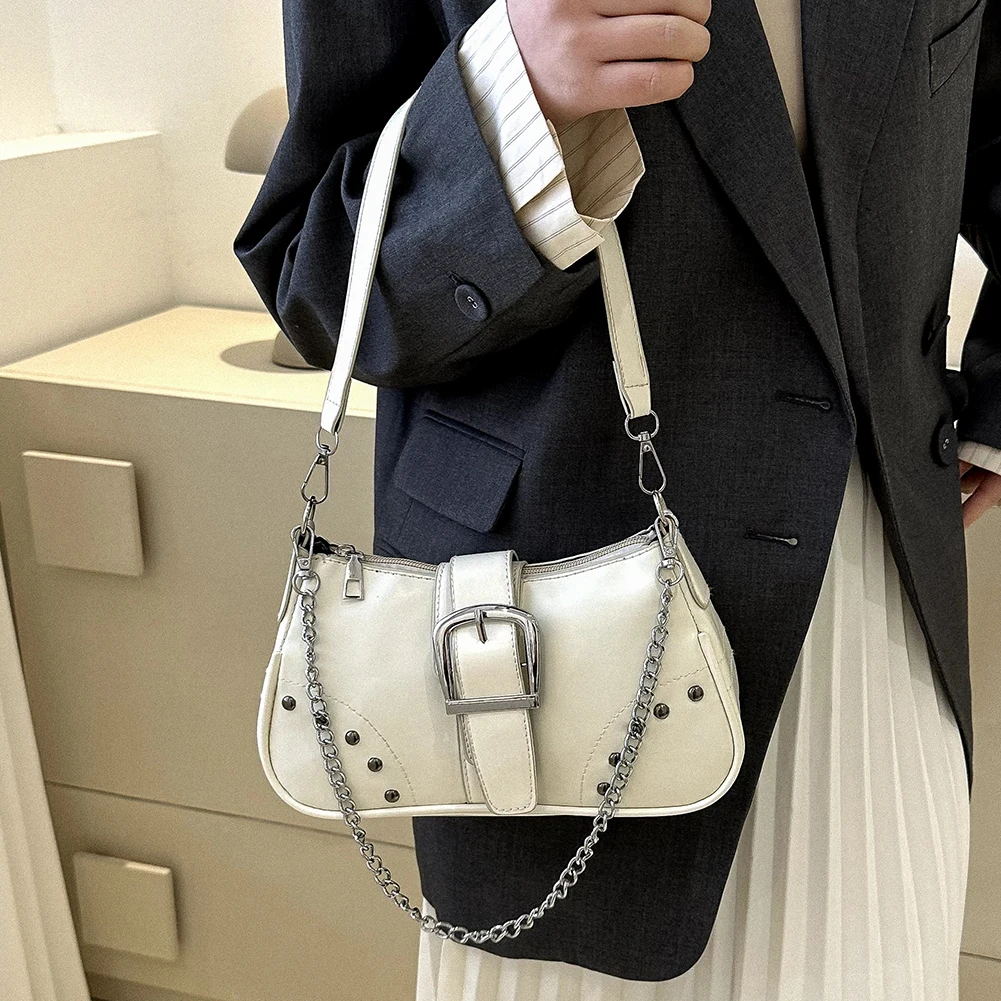 Female Grunge Shoulder Bag Motor Gothic Y2k Chain Handbags Luxury Designer White PU Lether Small Cool Purse Vintage Underarm Bag