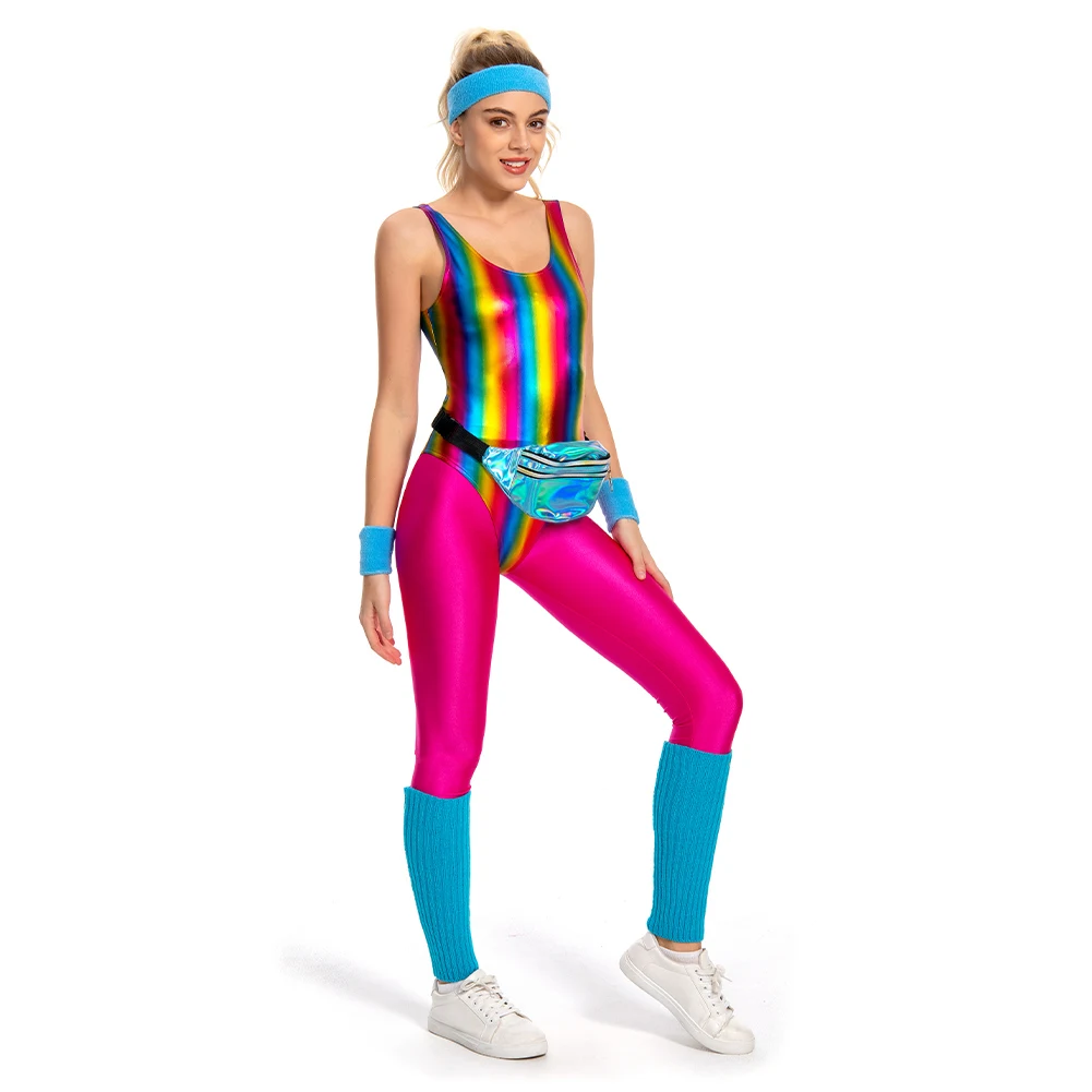 6Pcs/Set Women's Retro 80s/90s Legging Cosplay Costume Female Colorful Glossy Sportwear Headband Set Halloween Carnival Suit