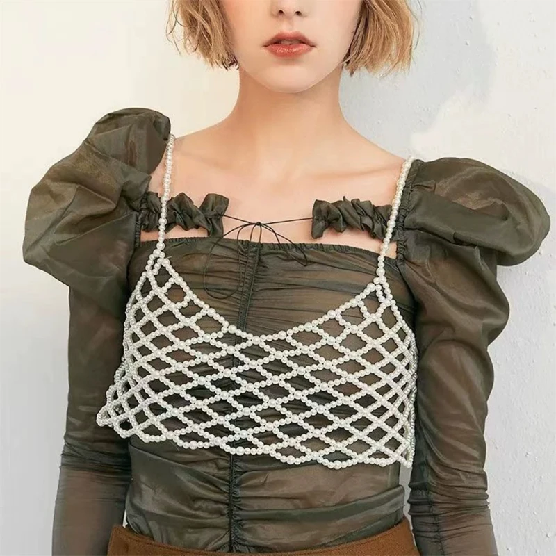 Handgefertigtes Perlen-Cami-Top für Damen, weißes Perlen-Bralette-Crop-Top, Spaghettiträger, Mesh-Bustier, Sommerparty, Strand, Oversize-T-Shirt – Detail 8