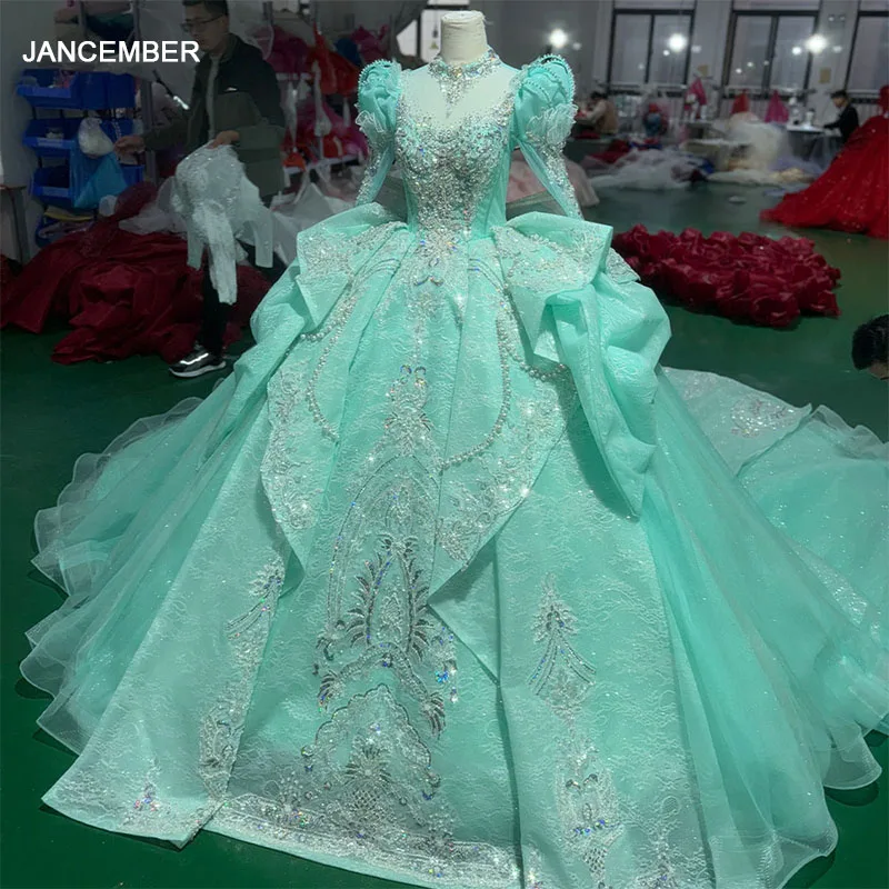 Romantic High Neck Green Shiny Quinceanera Dress Party Gown Customized Lace Ball Gown Beads Crystal Long Sleeves For 16 Year