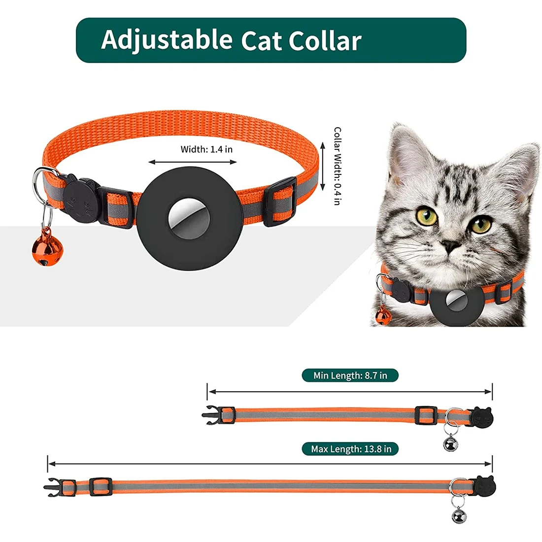 Cat Collar, Reflective Cat Collar with Bell and Waterproof Case Compatible for Airtag Holder,Safety Buckle Orange Red