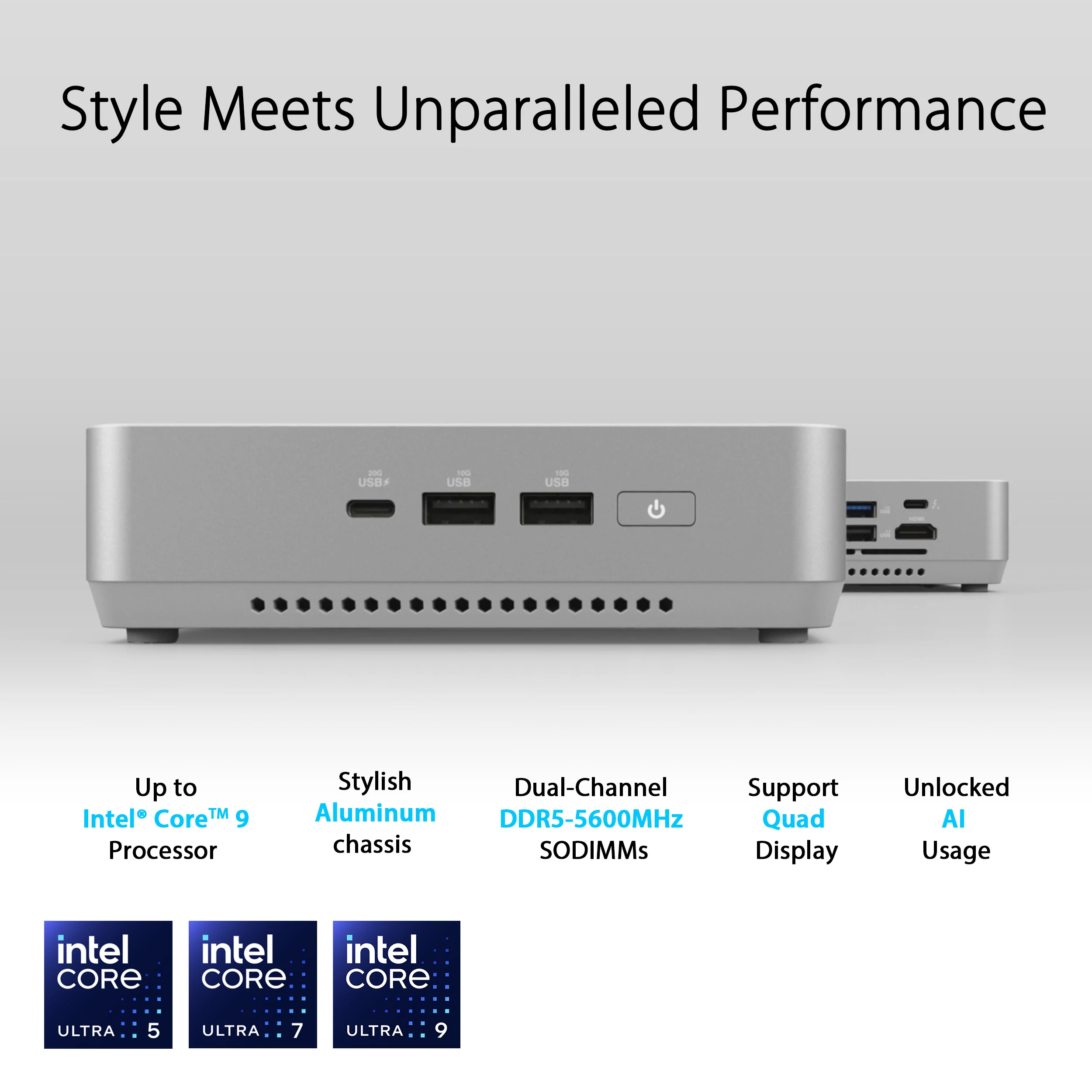 ASUS NUC 14 Pro + Slim Desktop PC Core Ultra 7 155H 32GB RAM 1TB SSD Windows 11 pro WiFi 6E Bluetooth 5.3 Chassi de alumínio prateado