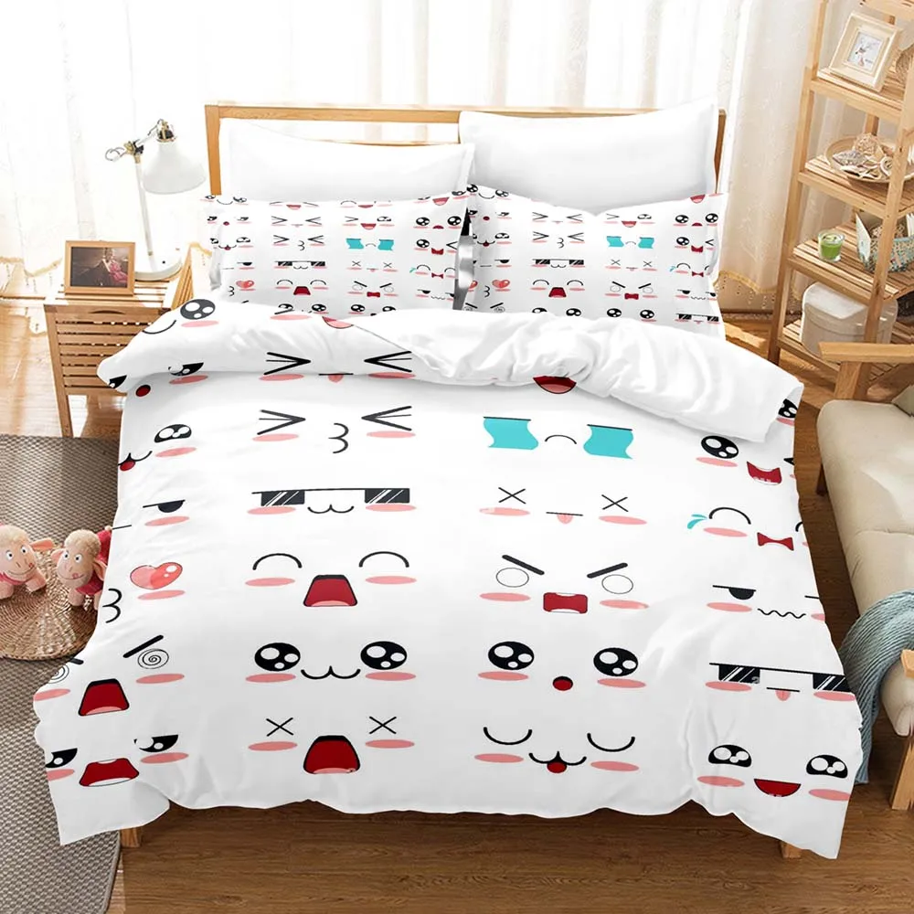 Kawaii Kawaii mood expression Three Piece Bedding Set Luxury Comforter Set with Queen King Size Including purple household goods