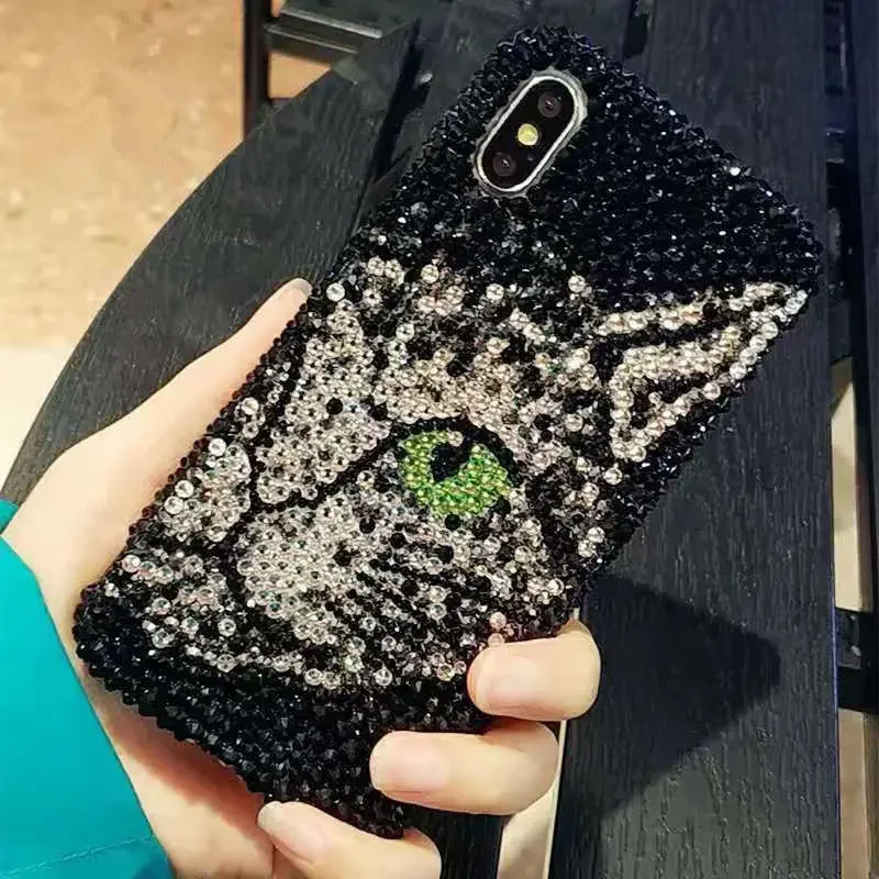 

3D Grey Cat Diamond Handmade Phone Case for iPhone 15 Pro Max 14 Plus 13 12 11 Xsmax Fashion Couple Back Cover