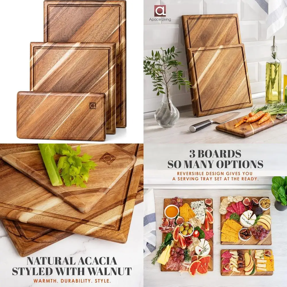 

Acacia Wood 3-Piece Cutting Board Set with Juice Groove - Ideal for Meat, Vegetables, and Cheese