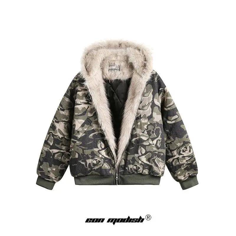 Man Women Parkas Hoodies Fur Coat 2025 Winter New High Quality Camouflage Fur Collar Cotton Jacket Real Shot