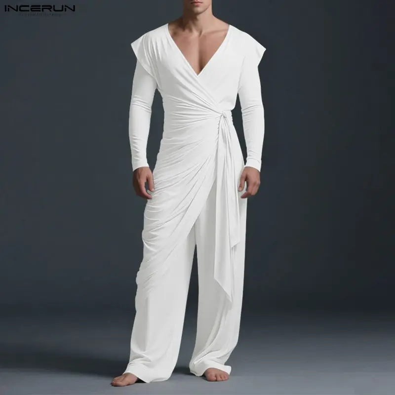 INCERUN مجموعات الرجال الصلبة مطوي الخامس الرقبة طويلة الأكمام نمط طويل قميص وسراويل قطعتين مجموعات الشارع الشهير موضة الرجال الدعاوى غير رسمية