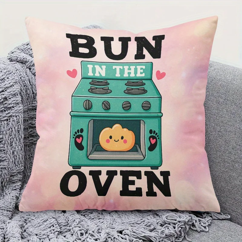 Bun In The Oven Pillowcase, Cute Pregnancy Announcement Cushion Cover, Funny Baby Shower Gift Decor for Sofa Bedroom Living Room