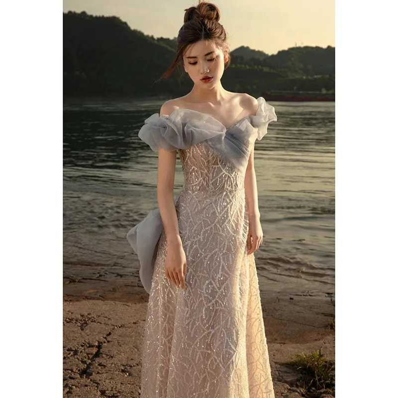 Woman French Off Shoulder Evening Dresses Elegant Exquisite Sequins Long Floor-length Formal Party Dress Toast Clothing